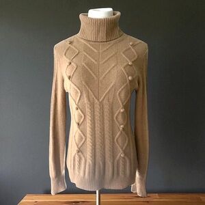 SAKS FIFTH AVENUE 2-PLY CASHMERE CLASSIC CAMEL CABLE SWEATER SIZE LARGE